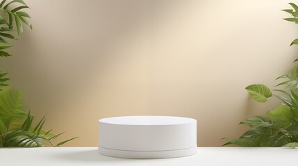 glossy round podium on table counter with natural light 3d podium on light nature color background, ai generated