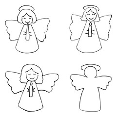 Vector set of angels in line style  on white background. Christmas, Easter and religion decorative symbols for New year. Angel vector icon.