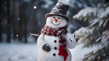 An High-Definition Capture of an Happy and Smiling Snowman in the Winter wearing a Coloured Scarf. 4K