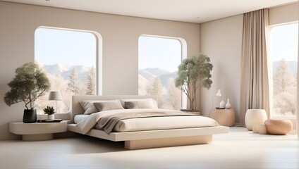 Minimalist modern bedroom with clean design white color with large windows