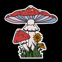 Retro psychedelic groovy mushroom illustration. Psychedelic Mushroom and Flower. Fly agaric mushroom. Cartoon hippy stickers. Hippy Mushroom  Illustration Print.