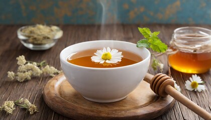 cup of tea with lemon and flowers