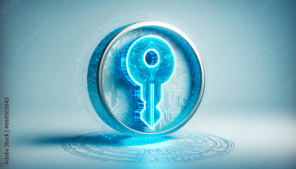 Poster Digital key hologram on blue background. Digital security and data protection concept. Generative AI