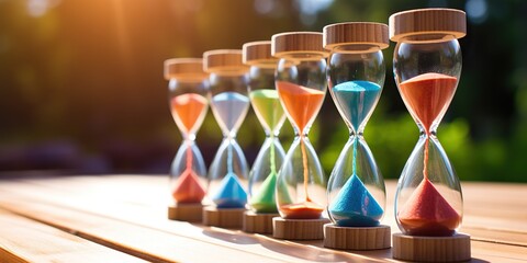 Hourglass with vibrant colored sand slowly marking the passage of time , concept of Flow of time - obrazy, fototapety, plakaty