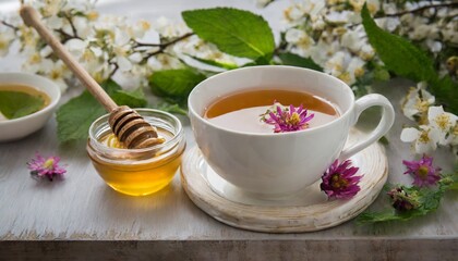 cup of tea with lemon and flowers