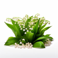 Fresh lily of the valley flowers with green leaves on white background