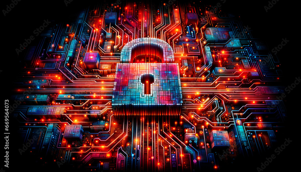 Aufkleber cyber security concept. closed padlock on electronic circuit board background. generative ai