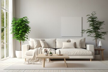 White sofa, wood table in minimal modern living room mockup. Generative AI