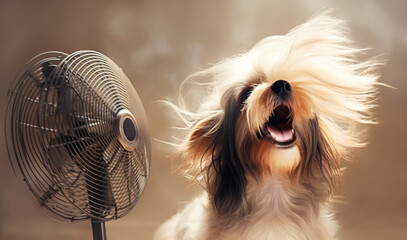 Portrait of a joyful, long-haired dog enjoying the breeze from a cooling fan