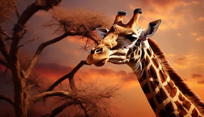 Fotobehang Portrait of a giraffe in Africa at sunset © giedriius