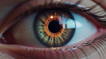 Beautiful close-up eye and amazing reflections. Macro pupil of the human retina. Eye monitoring and treatment healthcare