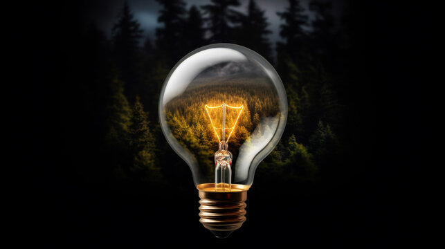 Illustration of glowing transparent light bulb and forest in the background