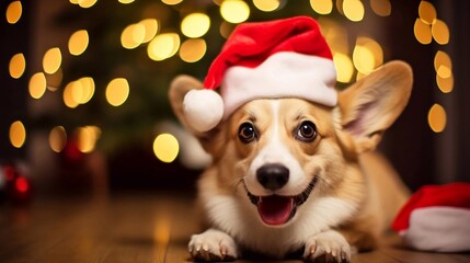 Close up cosy Christmas happy corgi dog in Santa's hat sitting near a decorated Christmas tree of bright festive lights and on a shiny light over bokeh background. Merry Christmas, happy New Year