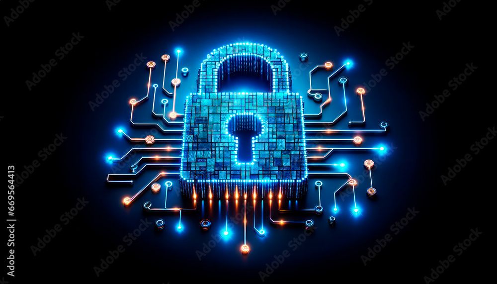 Poster Cyber security concept. Padlock and circuit board. Generative AI