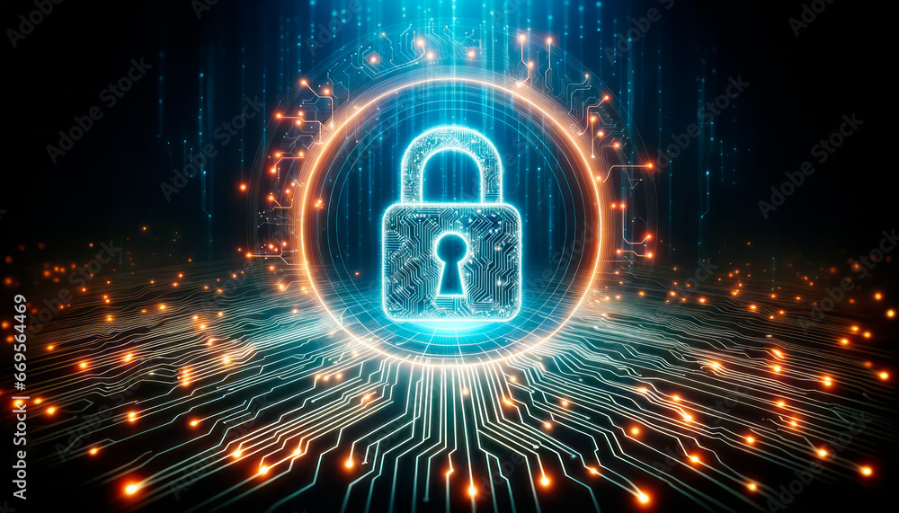 Poster Cyber security and information concept. Padlock icon on digital background. Generative AI