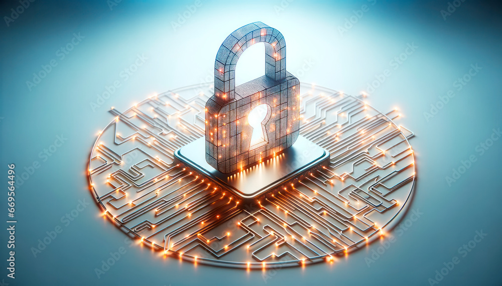 Leinwandbilder cyber security concept with a lock on a circuit board. generative ai