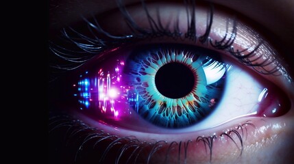 Security Iris or Retina Scanner being Macro biometric scan Human Eye. The concept of modern virtual reality, abstract cyber background