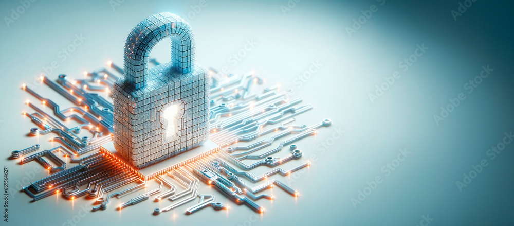 Poster Cyber security and data protection concept with padlock on circuit board. Generative AI