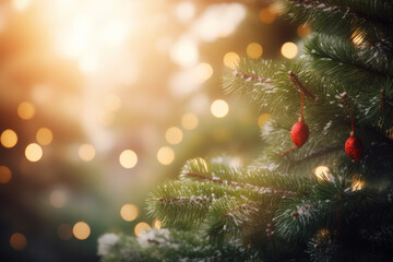 Close-up of a majestic pine tree with a blurred background, christmas tree background.