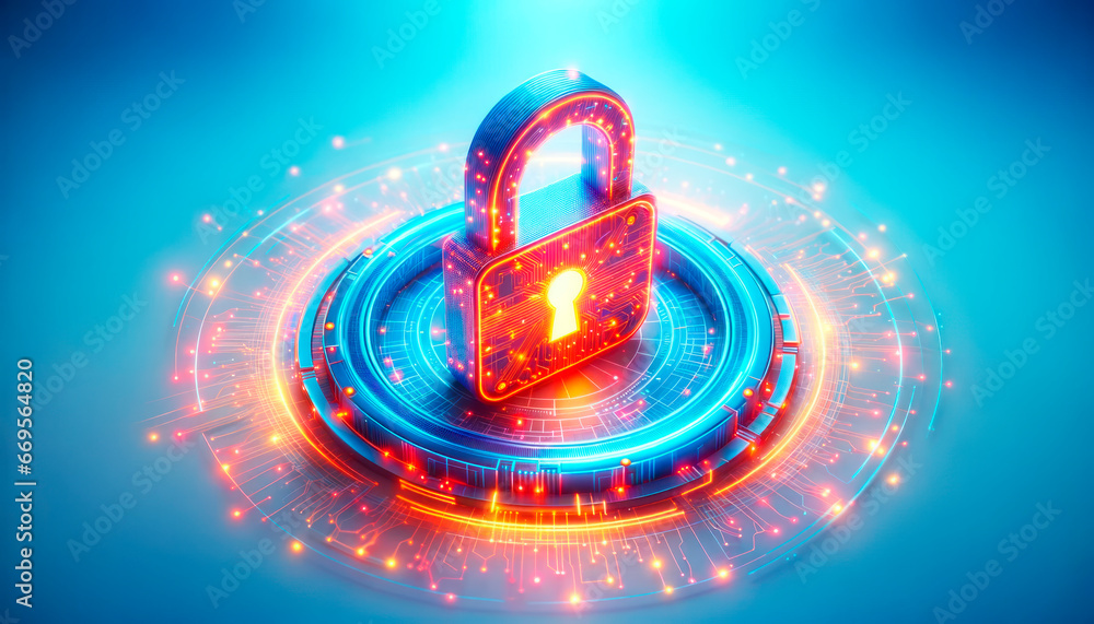 Poster cyber security concept with padlock on blue background. generative ai