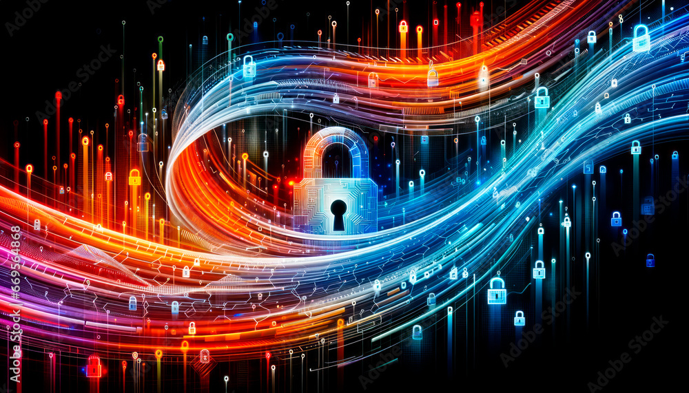 Poster cyber security, data protection, business technology privacy concept. lock on digital background. ge