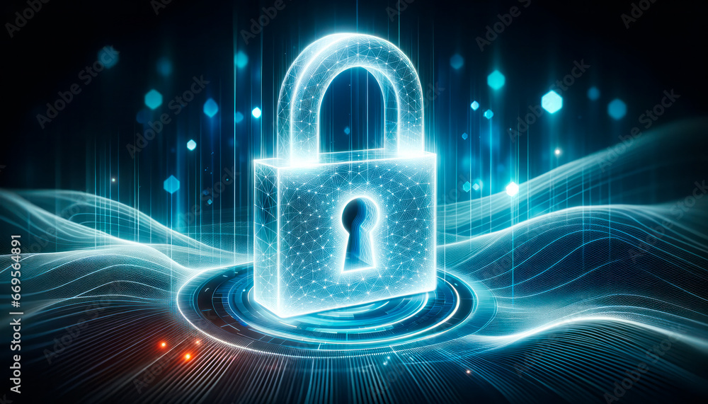 Poster cyber security concept with glowing padlock on dark background. generative ai