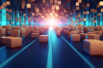 Fototapeta premium Abstract Background as wide banner with copysapce area for advertising and wallpaper in investment and storage cargo scene Conveyor belt with row of cardboard box packages delivery