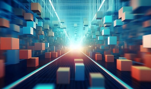 Abstract Background as wide banner with copysapce area for advertising and wallpaper in investment and storage cargo scene Conveyor belt with row of cardboard box packages delivery