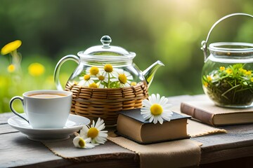 herbal tea with chamomile flowers - obrazy, fototapety, plakaty