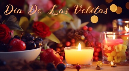 Christmas card with text Celebration Greeting: Dia de Las Velitas  with Candles, fruit, flower and bokeh lights. Translate: 7 December, Romantic festive holiday evening