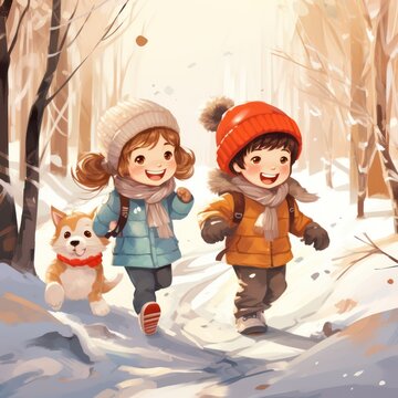 Boy and girl playing in a birch forest in winter with a puppy, cartoon effect