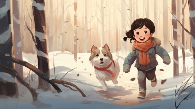 Girl playing in a birch forest in winter with a puppy, cartoon effect