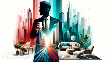 Businessman with coffee cup in modern office with cityscape and buildings background. Success concept. Double exposure. Generative AI - obrazy, fototapety, plakaty