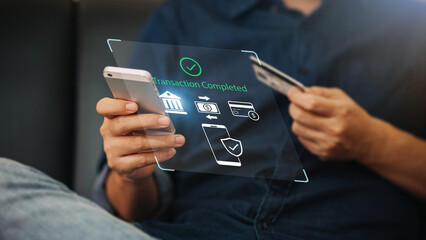 Person with mobile smartphone in hand paying online and online shopping with credit card and internet banking application. Contactless payment concept background.
