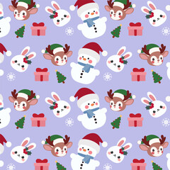 Seamless pattern features cute snowmen, reindeer, and bunnies on a purple background.