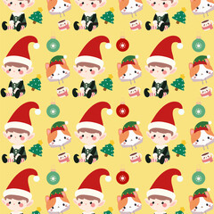 Seamless pattern features a cute elf boy, a cute cat, and a Christmas tree on a yellow background. 