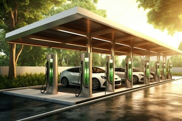 Renewable energy-powered electric vehicle charging station. Generative AI - obrazy, fototapety, plakaty