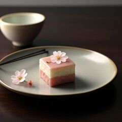 Obraz na płótnie Canvas Traditional japanese sweet wagashi decorated with sakura flower and presented on a beige elegant round plate or dish