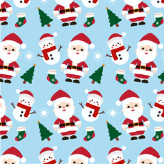 Seamless pattern features Santa Claus, Christmas trees, hanging socks, and snowmen on a bright blue background.