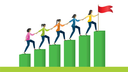 Teamwork, businesspeople, women climbing together against the goals, helping each other and holding hands in the stairs. Isolated. Vector illustration.
