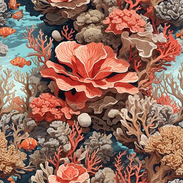 Seamless pattern of stunning coral reefs with fish. Cartoon style. Repeatable image background. Generative AI.