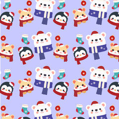 seamless pattern features cute hamsters, penguins, and polar bears on a purple background.