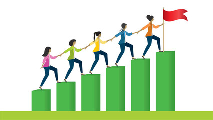 Teamwork, businesspeople, women climbing together against the goals, helping each other and holding hands in the stairs. Isolated. Vector illustration.