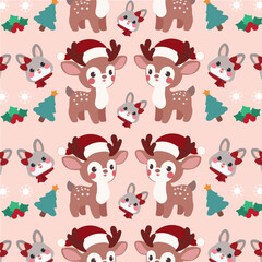 Seamless pattern features cute reindeer and Christmas bunnies on a pink background.