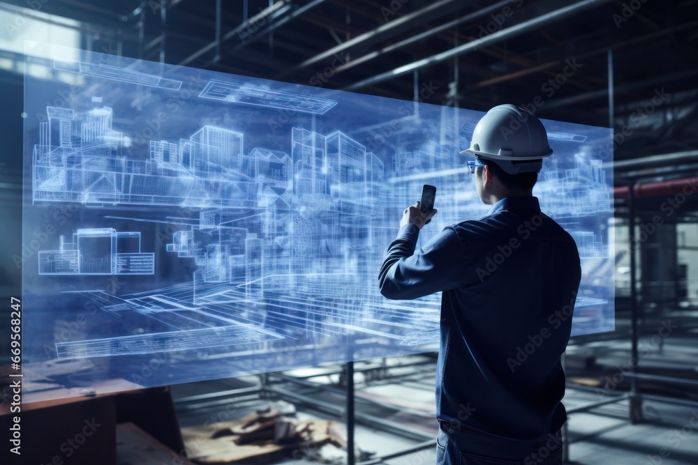 Poster ar technology in action: engineers enhance construction with digital blueprint overlays.