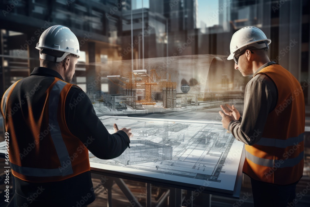 Aufkleber augmented reality at work: engineers overlay digital blueprints on the construction site.