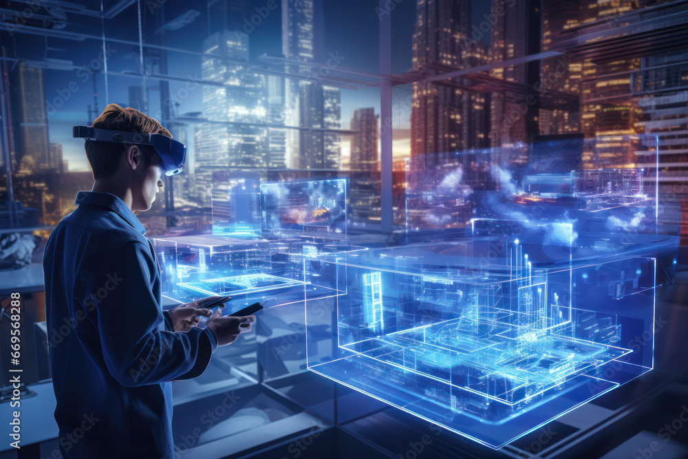 Poster Future of Construction: Engineers Utilize AR Headsets for Real-Time Blueprint Integration.