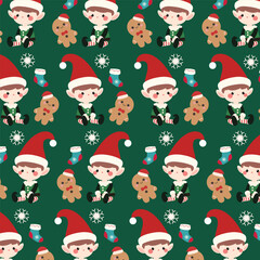 Seamless pattern features a cute elf boy, cookie man, sock, snowflake, and green background.
