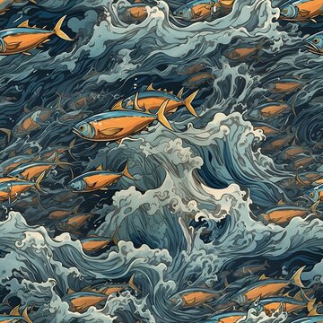 Seamless pattern of a school of fish swimming in the sea. Cartoon style. Repeatable image background. Generative AI.