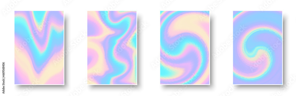 Aufkleber set of colorful hologram paper card. abstract holographic wavy gradient mesh color backgrounds.